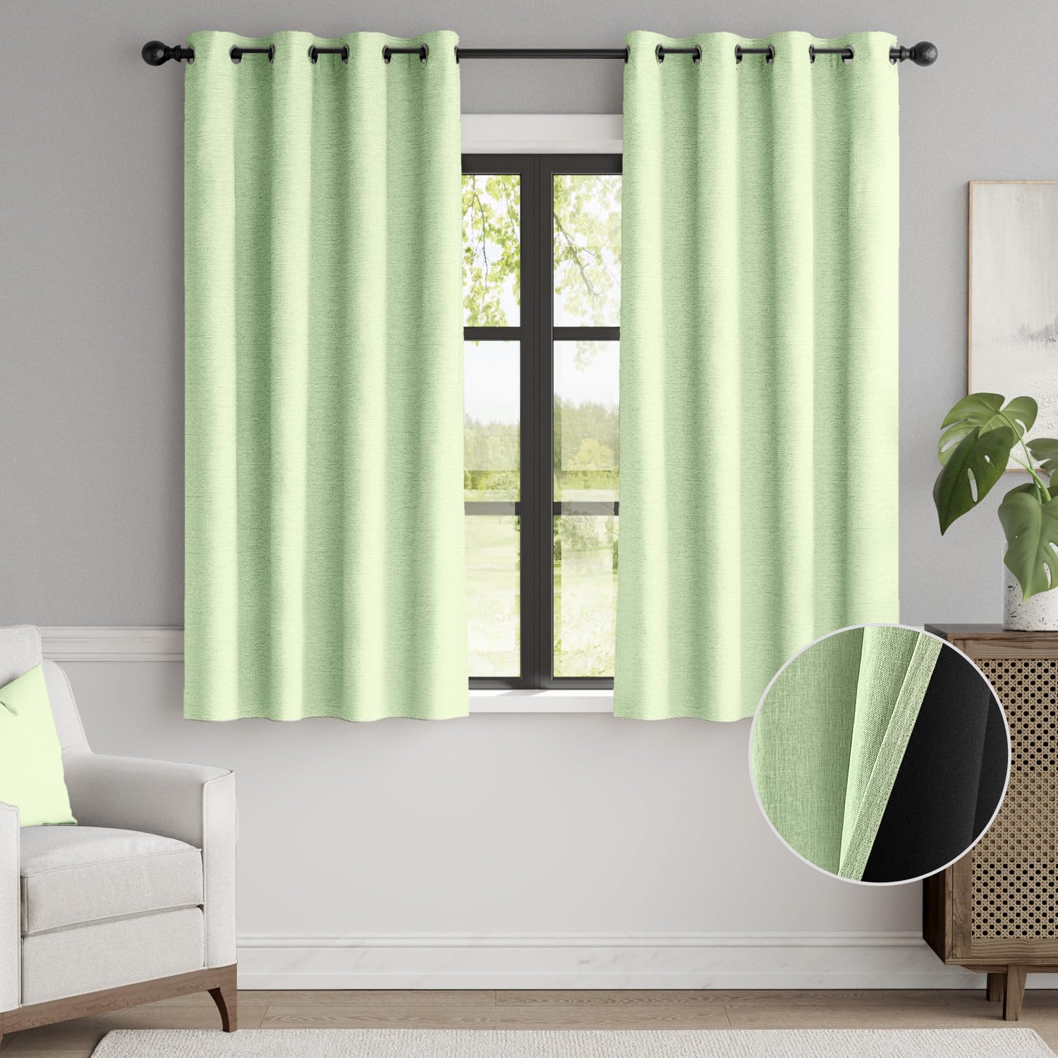 Jinchan 95% Blackout Curtain 63 Inches Long, Faux Linen Curtain For Living Room, Thermal Insulated Room Darkening Grommet Top Window Drape, 1 Panel Curtain For Bedroom Lime Green